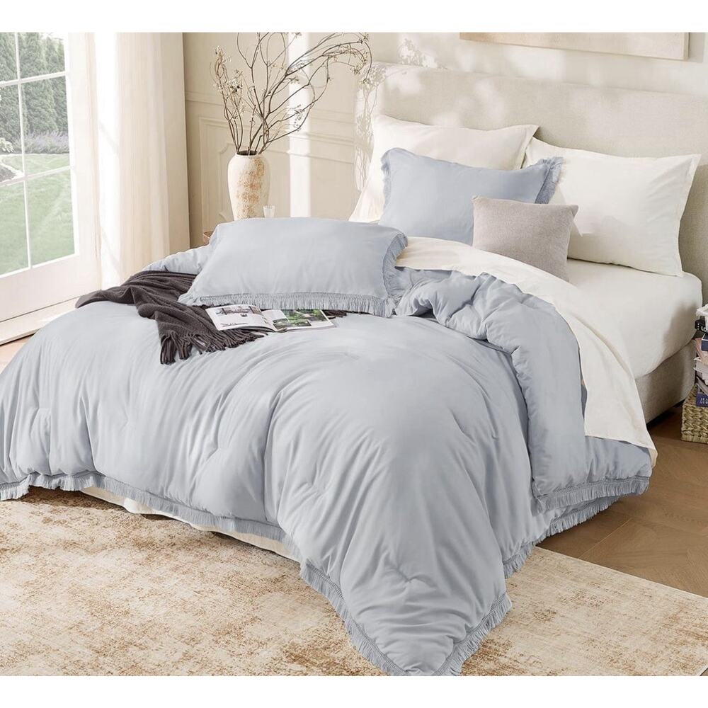 Andency Light Grey Comforter Set Queen, 3 Pieces Boho Tassel Light Gray - Picture 4 of 7